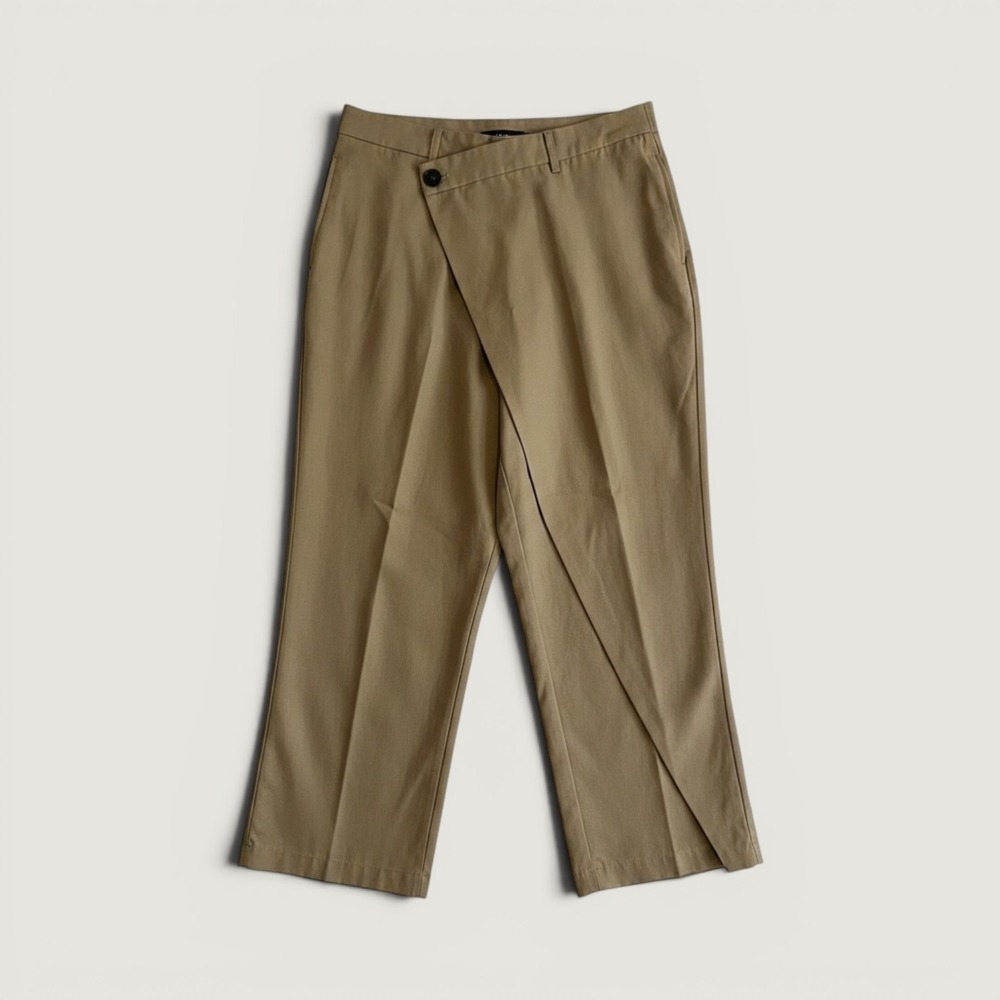 Commense Pants Womens XL Brown Asymmetric Pleated Chino Twill Relaxed Fit